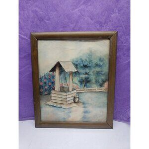 Original Watercolor Pastel Painting Garden Wishing Well Signed Bud '22 READ
